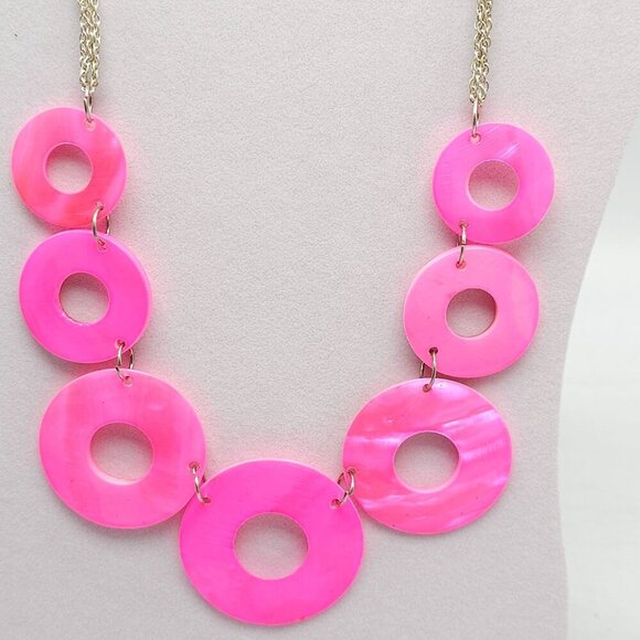 Pink Circle Disc Shell Chain Statement Necklace Vintage 1980s Pop Glam - Picture 2 of 5